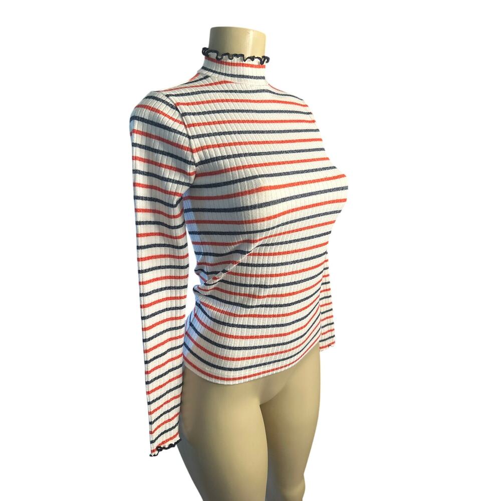 Women XXS J.Crew K3786 Ribbed Mock Neck Tee T-Shirt Top Striped Long Slv